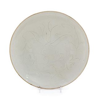 A Large Chinese Ding - Type White Glazed Porcelain Shallow Bowl Diameter 9 3/4 inches.