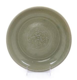 A Chinese Longquan Celadon Glazed Porcelain Plate Diameter 10 1/2 inches.
