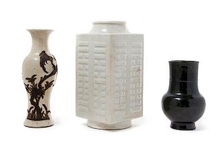 Three Chinese Monochrome Porcelain Vases Height of tallest 10 inches.
