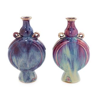 A Pair of Chinese Flambe Porcelain Flasks Height of each 9 inches.