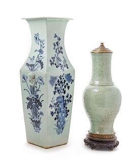 Two Chinese Celadon Porcelain Vases Height of taller 24 3/4 inches.