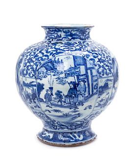 A Rare Chinese Delft-Style Blue and White Porcelain Jar Height 14 1/4 inches.