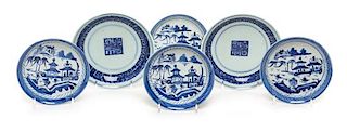 Six Chinese Export Blue and White Porcelain Plates Diameter of largest 6 inches.