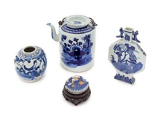* Four Chinese Blue and White Porcelain Articles Height of tallest 8 1/4 inches.