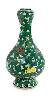 A Large Chinese Famille Verte Porcelain Bottle Vase Height 17 1/2 inches.
