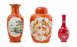 Three Chinese Red Glazed Porcelain Articles Height of tallest 8 inches.