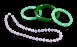 Four Chinese Hardstone Jewelry Articles Length of necklace end to end 18 inches.