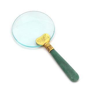 * A Chinese Jadeite Inset Magnifying Glass Length 6 1/4 inches.