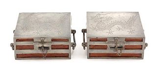 A Pair of Chinese Pewter Mounted Lacquered Wood Rectangular Boxes Length 4 1/2 inches.