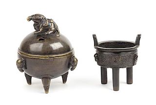 Two Chinese Bronze Tripod Incense Burners Height of taller 4 1/2 inches.