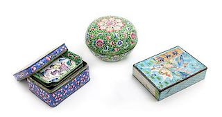 Three Chinese Enamel on Metal Boxes and Covers Height of largest 1 1/4 x width 3 1/2 x depth 4 3/4 inches.