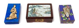 Three Chinese Rectangular Hinged Boxes Largest Lengthe 7 x width 5 x height 2 1/2 inches.