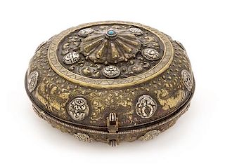 A Tibetan Silvered and Gilt Copper Covered Box