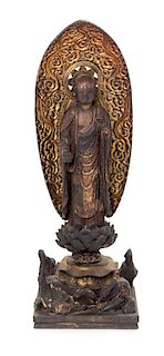 * A Japanese Gilt Decorated Wood Figure of Buddha Height 17 1/2 inches.