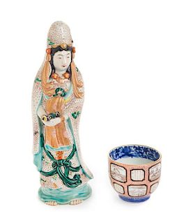 Two Japanese Polychrome Enameled Porcelain Articles Height of taller 11 1/4 inches.