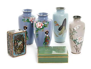 Six Japanese Cloisonne Enamel Articles Height of tallest 7 1/4 inches.