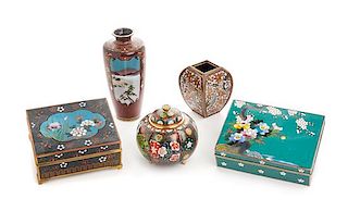 Five Japanese Cloisonne Enamel Articles Length of largest 5 1/2 inches.