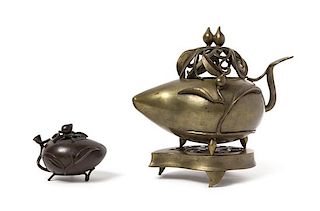 Two Chinese Bronze Peach-Form Incense Burners Height of taller 12 inches.