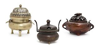 Three Japanese Bronze Incense Burners Height of tallest 5 1/2 inches.