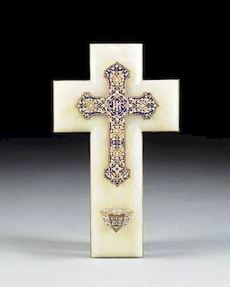 A FRENCH BRONZE AND CHAMPLEVÉ ENAMEL CROSS WITH HOLY WATER FONT, LATE NINETEENTH CENTURY,