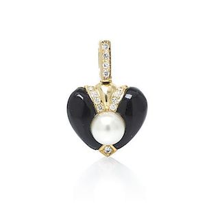 A 14 Karat Yellow Gold, Diamond, Onyx and Cultured Pearl Pendant, 2.40 dwts.