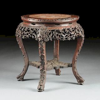 AN ANTIQUE CHINESE MARBLE TOPPED CARVED ROSEWOOD LOW PEDESTAL TABLE, TONGZHI PERIOD, CIRCA 1870,