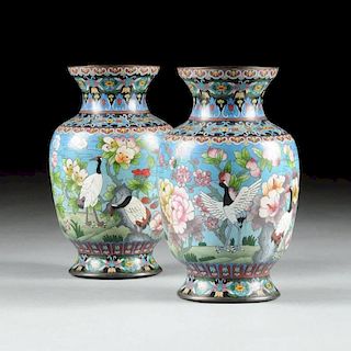 A PAIR OF VINTAGE CHINESE POLYCHROME TURQUOISE GROUND CLOISONNÉ VASES,  CIRCA 1950'S,