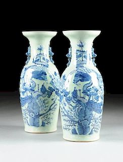 A PAIR OF CHINESE BLUE AND WHITE ON CELADON GROUND DRAGON AND PHOENIX VASES, 20TH CENTURY,