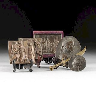 A GROUP OF FIVE RENAISSANCE STYLE BRONZE PLAQUES AND A PAPER CUTTER, CONTINENTAL, LATE 19TH/EARLY 20TH CENTURY,