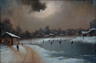 NEILS CHRISTIANSEN (Danish 1873-1960) A PAINTING, "Rosen Canal Scene with Skaters,"