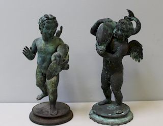 2 Patinated Bronze Putti Carrying Animals.