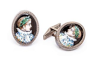 * A Pair of Sterling Silver and Polychrome Enamel Napoleon Portrait Cufflinks, 8.80 dwts.
