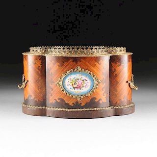 A LOUIS XV STYLE ROSEWOOD, KINGWOOD, GILT BRONZE AND PORCELAIN JARDINIÃˆRE WITH LINER, FRANCE, CIRCA 1880,