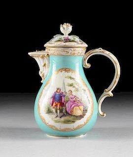 A MEISSEN PARCEL GILT AND POLYCHROME PAINTED PALE BLUE GROUND TEA POT, UNDERGLAZE BLUE AND INCISED MARKS, LATE 19TH/EARLY 20TH CENTURY,