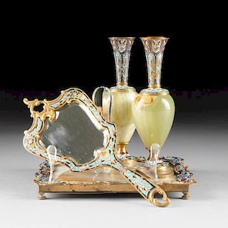 AN ASSEMBLED COLLECTION OF FOUR FRENCH POLYCHROME CHAMPLEVÉ VANITY ITEMS, LATE 19TH CENTURY,