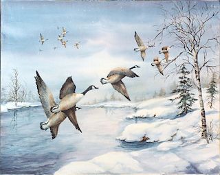 Thomas,  Linda,   American 20th C. (?), (Geese Rising from Winter Pond), 