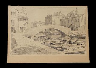 Crawford, Earl Stetson,  American 1877-1965,(small boats at dock beneath arched bridge-Brittany), 