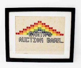 Framed needlework "Garth's Auction barn"