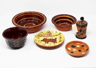 6 pieces redware pottery