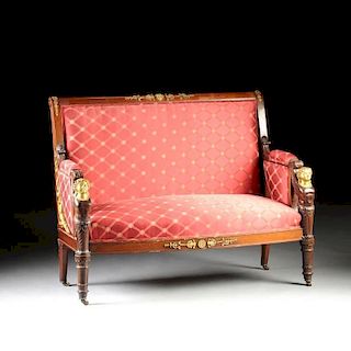 AN EMPIRE STYLE GILT BRONZE MOUNTED AND RED SILK UPHOLSTERED MAHOGANY SETTEE, FOURTH QUARTER 19TH CENTURY,