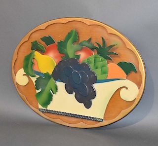 Basket of wooden fruit on a oval wooden board