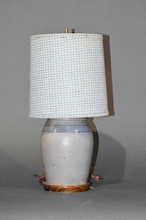 Crock lamp with 6 cobalt stripes