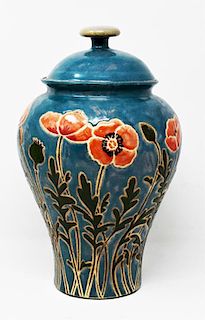 Cathra-Anne Barker ceramic covered pot w/poppies