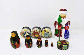 6 pieces to include Santa, nesting dolls, & boxes