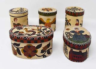 5 Folk-art Papier Mache & cardboard boxes