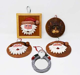 4 signed Tom King Christmas decorations & a mirror