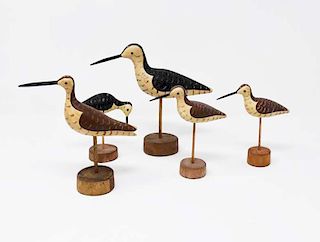5 carved wooden shore birds