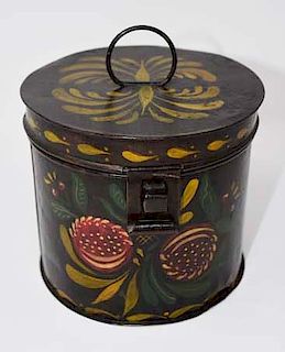Tin tole decorated hinged lid container