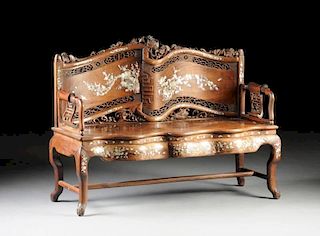 A CHINESE FINELY CARVED AND MOTHER-OF-PEARL INLAID HARDWOOD SETTEE, LATE 19TH/EARLY 20TH CENTURY,