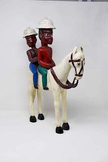 Folk art wood carving of horse & two riders